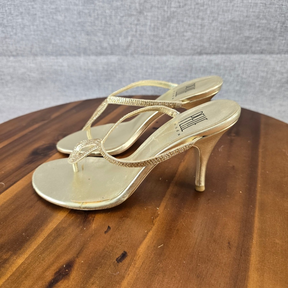 Pelle Moda Womens Gold Rhinestone Stiletto Thong Sandals Glass Stone Heels 6.5M - Picture 2 of 14